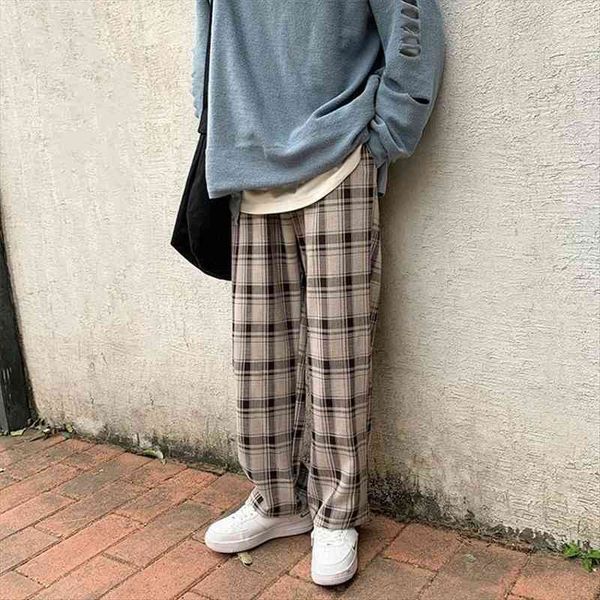 

spring summer plaid vintage women pants bottoms korean casual clothing drawstring wide leg straight loose check trousers, Black