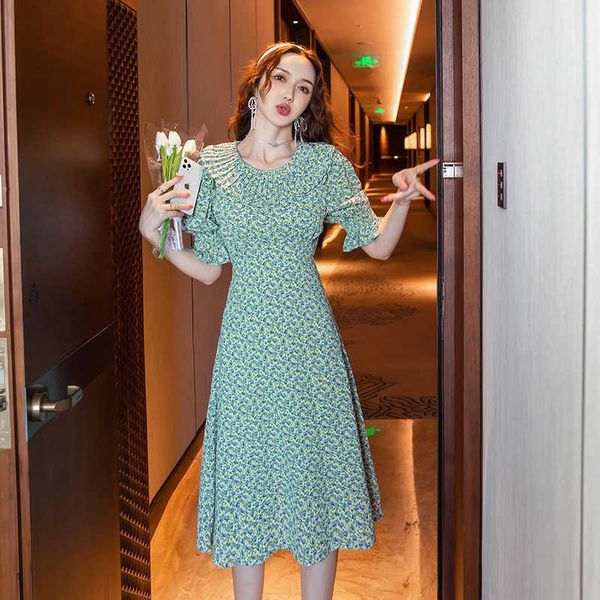 

summer dress women o-neck puff sleeve high street vintage print party midi vestidos de fiesta 210529, Black;gray