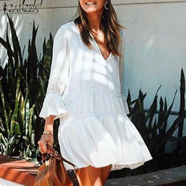 

stylish women's summer sundress lace dress zanzea 2021 flare sleeve short vestidos female casual lace crochet robe plus size, Black;gray