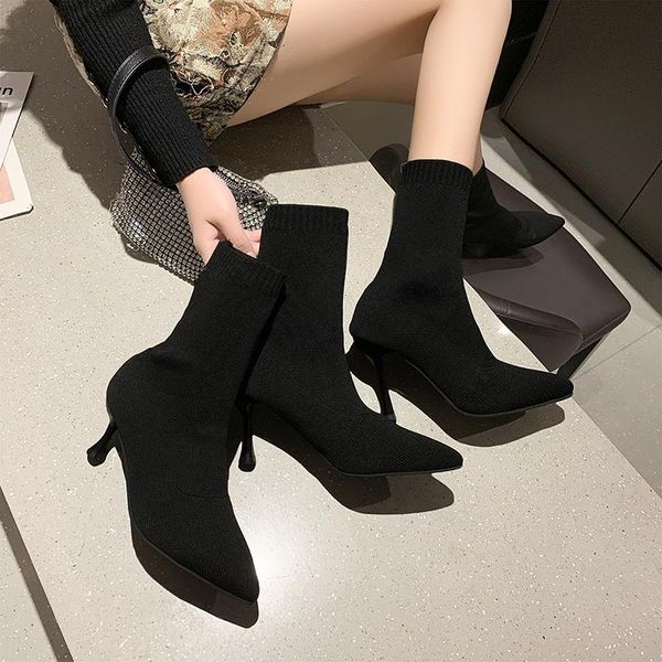 

boots 2021springandautumn high heel socks women's luxury designer ankle fashion shoes thin ladies shortboots, Black