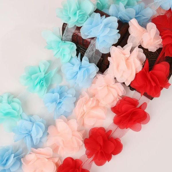 

ribbon 5cm width 2 yards 3d chiffon cluster flowers lace dress decoration fabric applique trimming sewing supplies accessories, Pink;blue