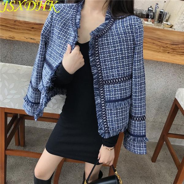 

women's jackets jsxdhk fashion women tassel tweed jacket coat autumn winter long sleeve weave plaid female open stitch elegant outerwea, Black;brown