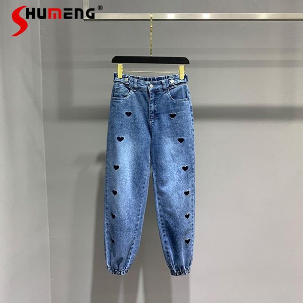 

2021 spring autumn new european embroidered lady trousers casual tappered denim jeans loose high waist harem pants, Blue
