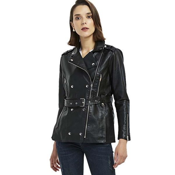 

women's leather & faux slant zipper double breasted black biker jacket for women punk rock ladies belted moto pu