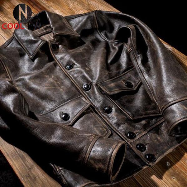 

men's leather & faux 2021 retro brown american style biker's genuine jacket men plus size 4xl real natural cowhide slim fit motorc, Black