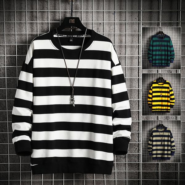 

2021 new homens listra moletom casual loog manga retalhos camisola solto casaco streetwear outono pulver roupas de moda masculina 8int, Black