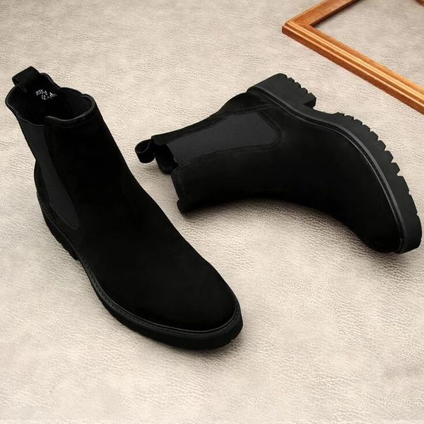 Erkekler Chelsea bot ayakkabılar elastik bantlı süet erkek botları gerçek deri siyah sivri ayak parmağı moda iş erkek botları