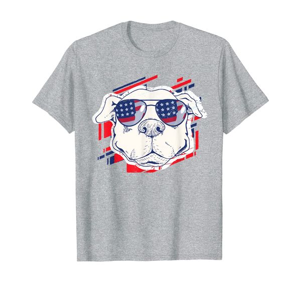 

american pitbull terrier wearing stars stripes sunglasses t-shirt, White;black
