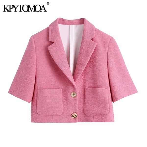 

kpytomoa women fashion with pockets tweed blazers coat vintage notched collar short sleeve female outerwear chic 211019, White;black