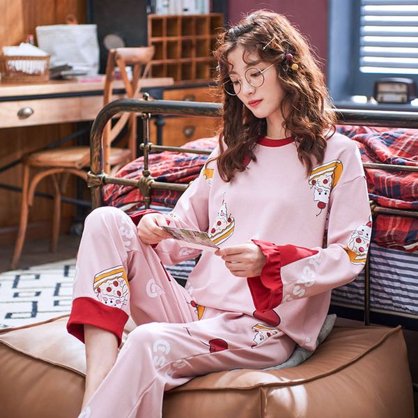 

pajamas women's spring and autumn cotton long sleeve home wear, Black;red