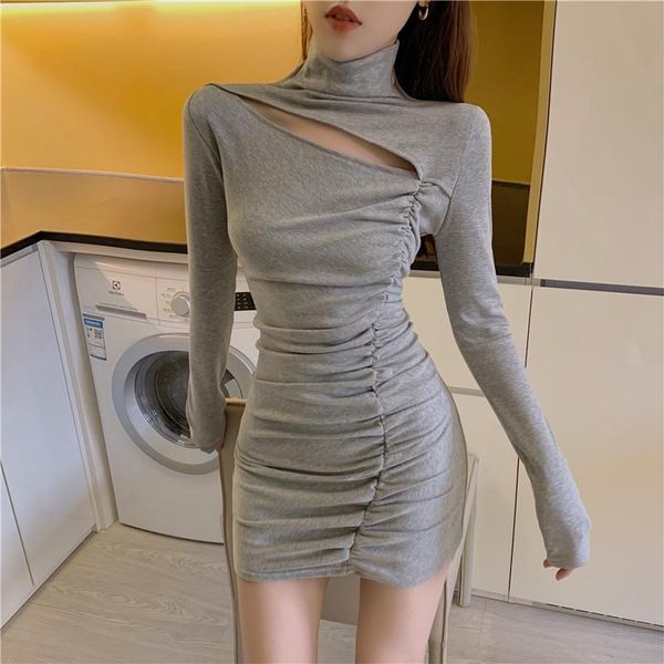 

casual dresses hollow out fold turtleneck dress, Black;gray
