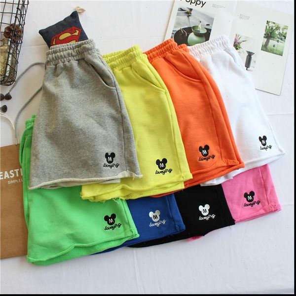 

summer women cotton shorts elastic waist drawstring loose casual shorts lady kawaii embroidery basic shorts pocket, White;black