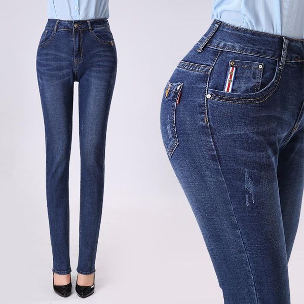 

women's jeans spring and autumn small straight slim stretch long trousers denim female high waist fashion super large size 27-34 36, Blue