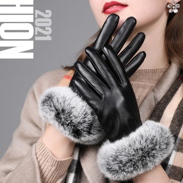 

Fashion Ladies Gift PU Leather Rabbit Hair Warmth Driving Gloves