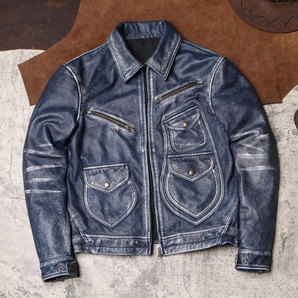 

men's leather & faux .brand vintage blue orgin genuine jacket.cool quality young short safari style cowhide coat., Black