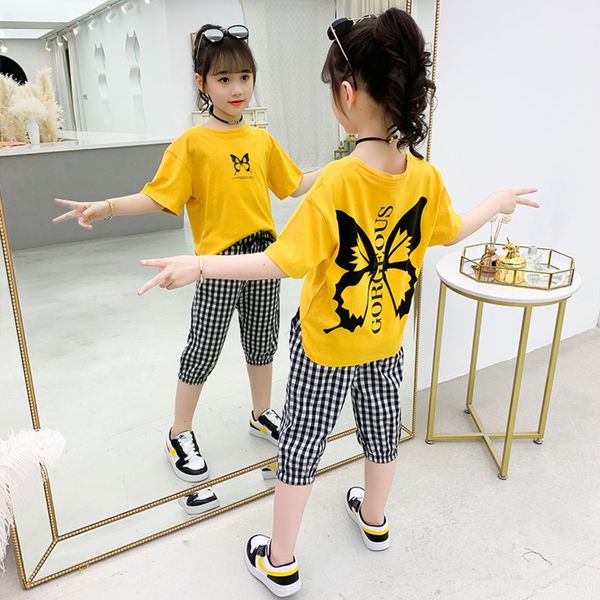 

little girls baby streetwear set summer short sleeve butterfly print t-shirt and plaid pant 2 pcs girl kids clothes suit, White