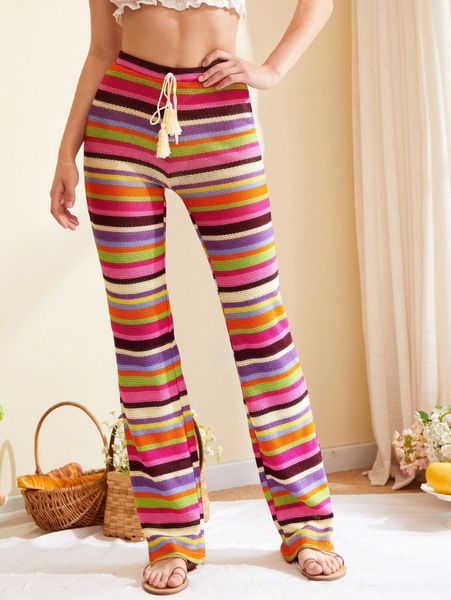 

high waist drawstring fringe striped pants r3vc#, Black;white