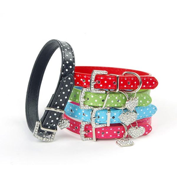 

1pcsdog collar heart crystal pendant lovely small pet collar polka dot pattern led dog leash perros mascotas accesorios animales