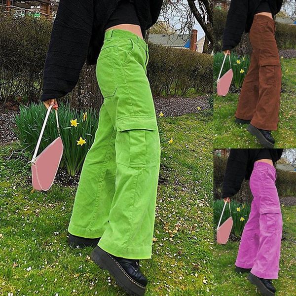 

women's pants & capris women solid color high waist corduroy pockets loose wide leg trousers outswear clothing, Black;white