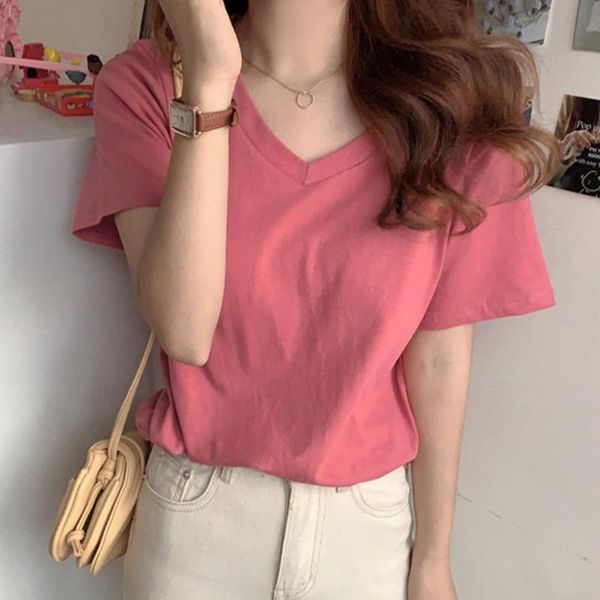 

women's t-shirt blended cotton t-shirts short sleeve solid v-neck woman tshirts 2021 summer good quality loose basic casual ladies, White