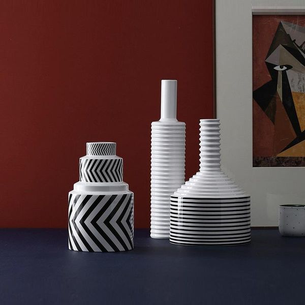 Vasi Moderni in bianco e nero a strisce Grande vaso in ceramica Soggiorno Art Déco Fiore geometrico Accessori per la decorazione della casa