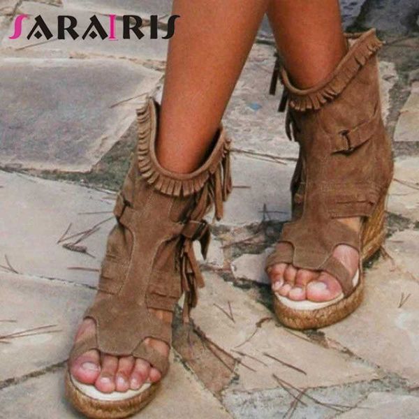 Sarairis abertos plataforma plataforma rebanho sandálias mulheres cunhas altas sandálias senhoras vintage franja casual verão sapatos y0714