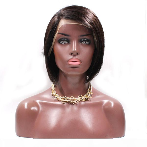 

front lace short bob 08" wig human hair 100% remy vrigin short natural color woman brazilian hair, Black;brown