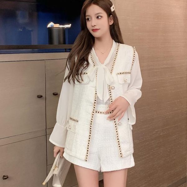 

women's tracksuits 2021 fashion elegant women sweet bow tie long sleeve white chiffon shirt + tweed vest coat casual short 3-piece set, Gray