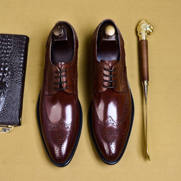 

luxury classic mens brogue oxfords dress shoes genuine cow leather pointed toe lace up formal footwear wedding party shoes a171, Black