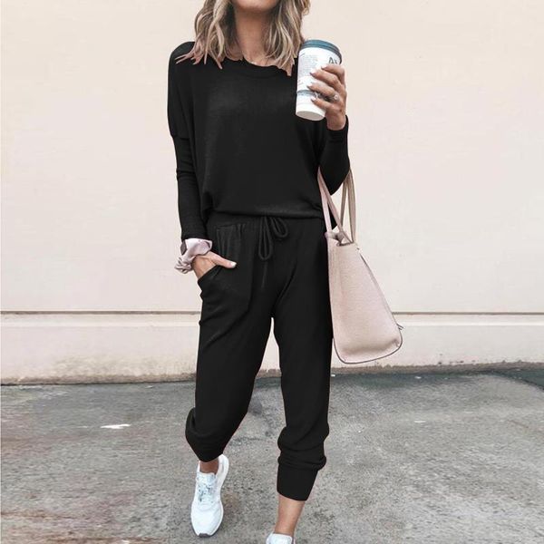 

winter warm womens long sleeve solid color pullover sweater ong pants outfit 2pcs fall winterworkout tracksuit clothes set, Gray