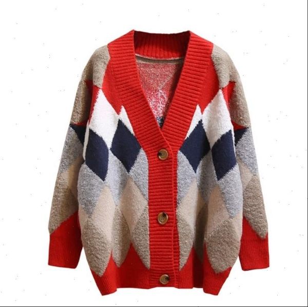 

women knitted fashion loose sweater spring autumn v neck long sleeve single breasted argyle harajuku female cardigan, White;black