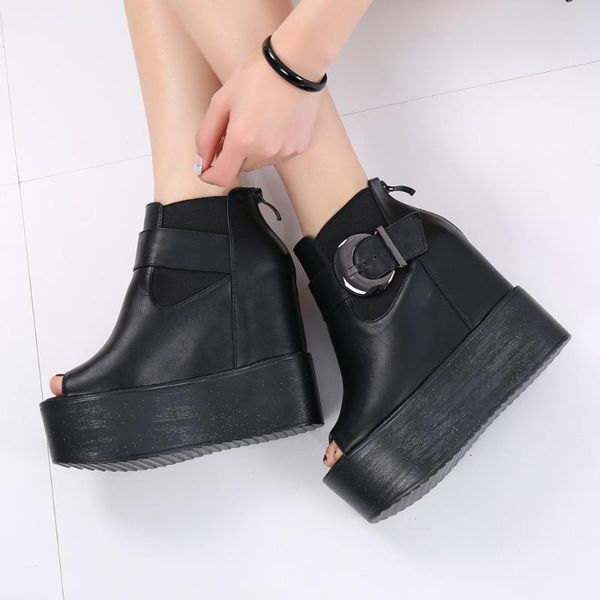

2021 spring new slope heel inner increase fish mouth sandals women's platform shoes platform shoes high-heeled sandals, Black