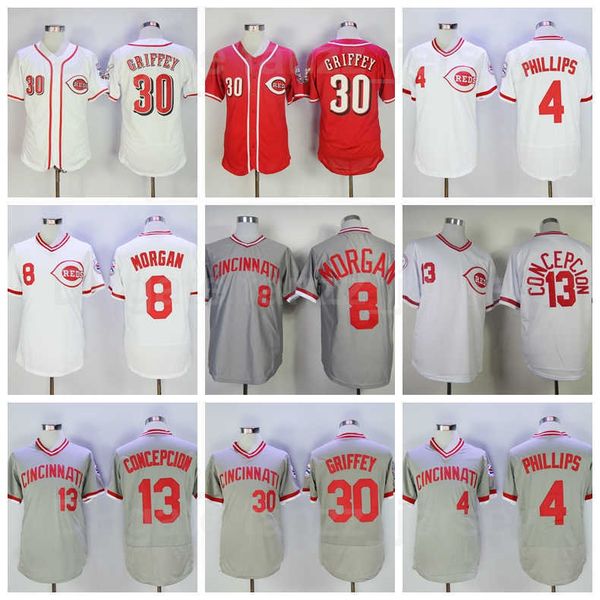 

1976 retro baseball 13 dave concepcion jersey vintage 30 ken griffey 4 brandon phillips 8 joe morgan retire pullover team red white grey all, Blue;black