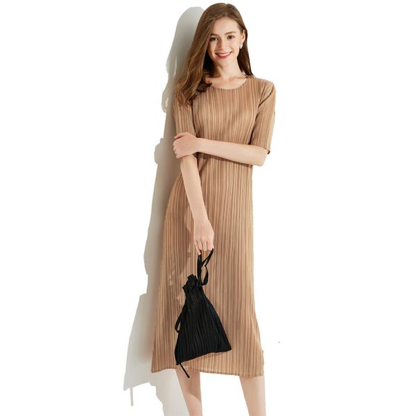 

2021 new fashion summer women high qulity long slim short sleeve orange pleated basic casual for party 5072 w575, Black;gray