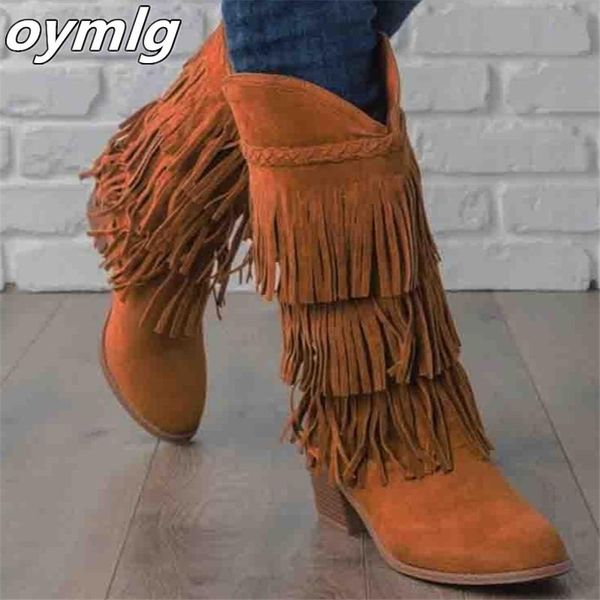 

boots 2021 winter women's fashion women tassel faux suede mid-calf warm short plush botas mujer, Black