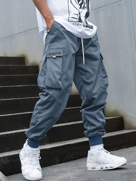 

men letter graphic flap pocket drawstring waist cargo pants b79m#, Black