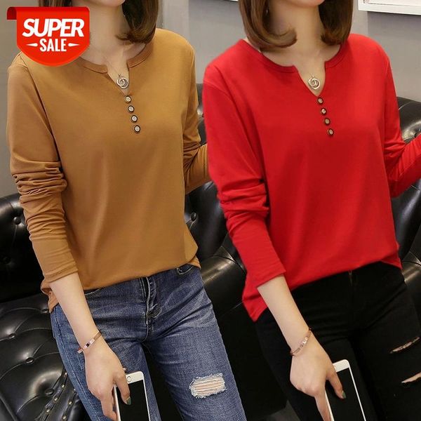 

oversized 5xl women's t-shirts spring autumn new long sleeve button v-neck solid print bottoming tees casual loose t-shirt #ca3a, White