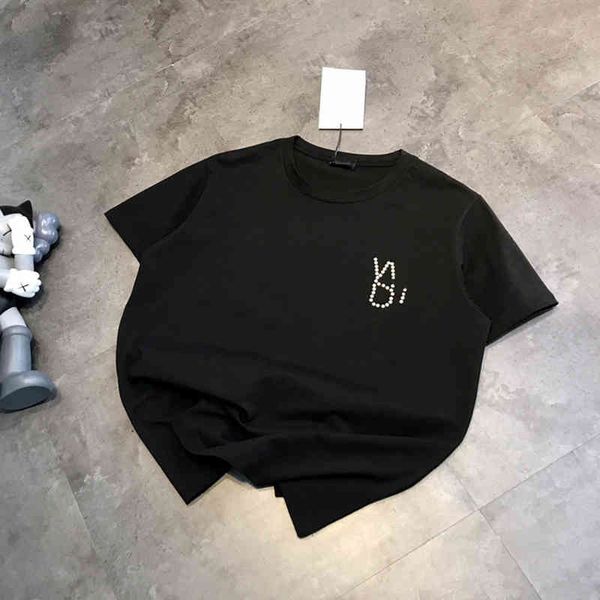 

2022 factory wholesale new well drill pearl letter short t-shirt women's summer fashion half sleeve loose bottomed shirt a1, White