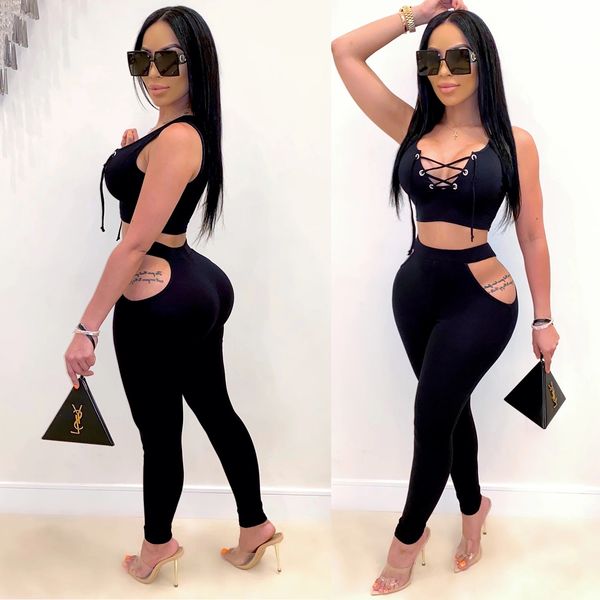 

women pants set summer v-neck sleeveless shirt and hollow out trousers casual two piece set streetwear outfits, Gray