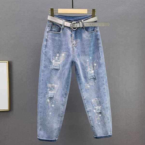 

women's jeans 2021 summer high waist denim pants ripped rhinestone stretch thin loose holes jean woman casual trouser, Blue