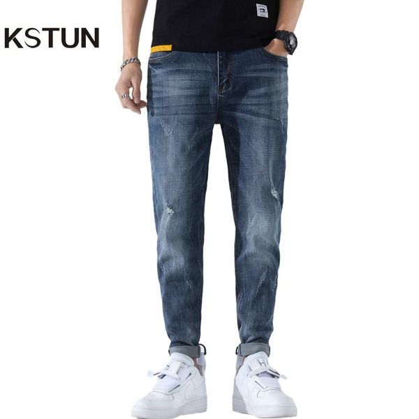 

men's jeans for men 2021 summer harem pants slim fit blue stretch denim trousers tapered clothing male masculino