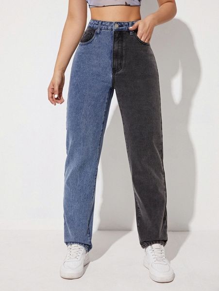 

high waist two tone straight leg jeans x24b#, Blue
