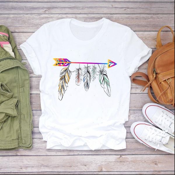 

women 2021 watercolor feather arrow fashion vintage clothes lady t shirts womens t shirt ladies graphic female tee t shirt, White