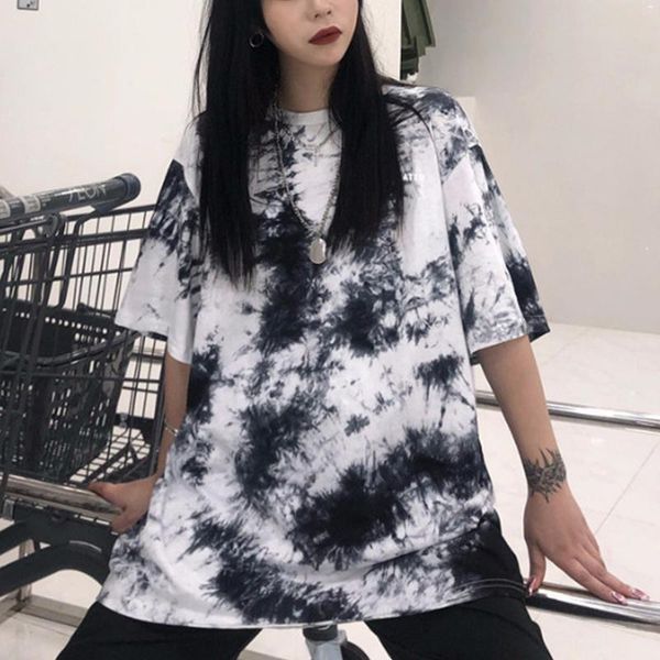 

women's t-shirt black white tie dye print women summer short sleeve casual loose hip hop oversized streetwear all-match o-neck tees