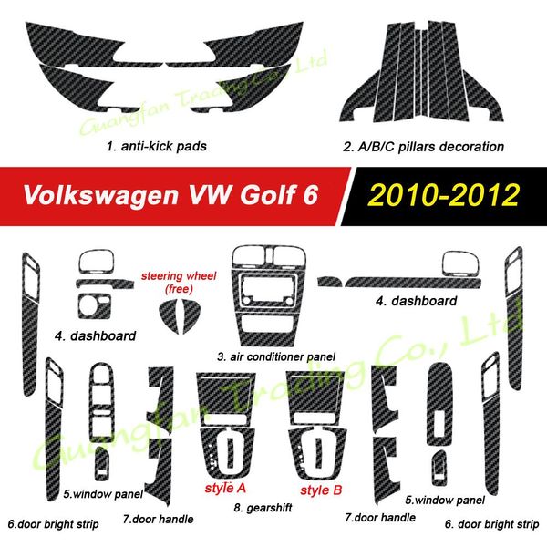 Per Volkswagen Golf 6 GTI MK6 R20 2010-2012 Interni Pannello di controllo centrale Maniglia per porta 3D 5D Adesivi in fibra di carbonio Decalcomanie Car styling Accessorie