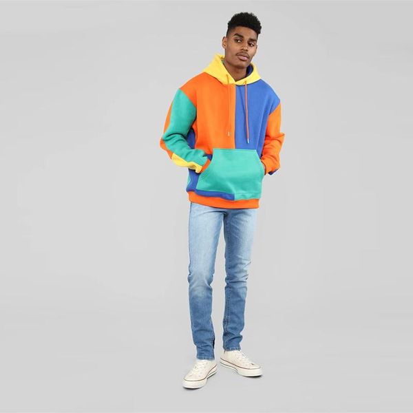 

men's hoodies & sweatshirts autumn winter fashion multicolor patchwork loose men 2021 casual drawstring long sleeve hooded streetwear, Black