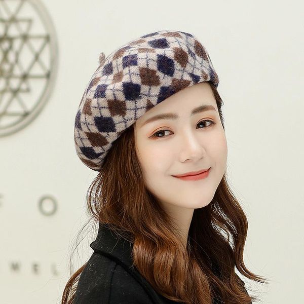 

berets autumn and winter women's beret british temperament fashion all-match painter hat diamond check wool, Blue;gray