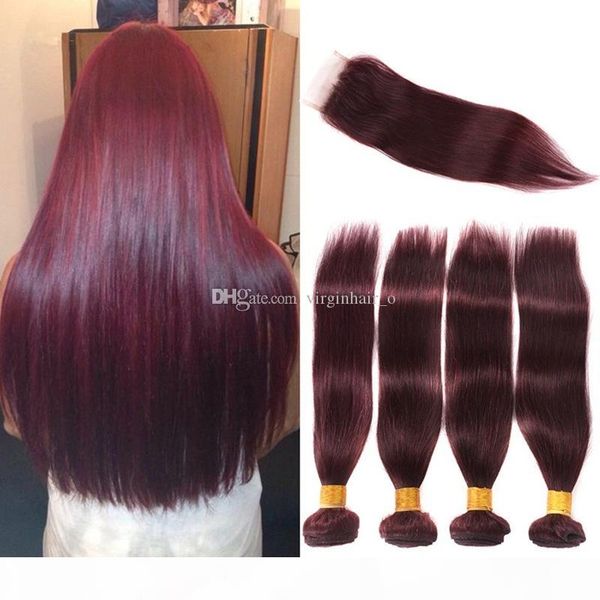 

9a grade #99j brazilian human hair with closure wine red silky straight 3 bundles with closure brazilian burgundy hair with 4*4 lace closure, Black