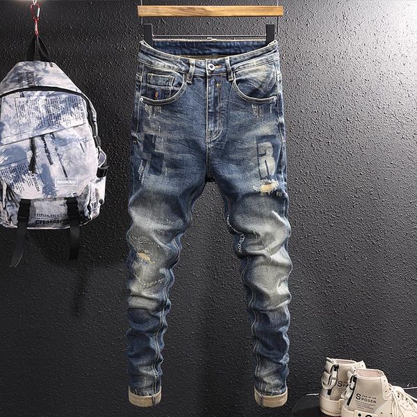 

men's jeans street style fashion men retro blue elastic slim fit ripped printed designer hip hop destroyed denim pants