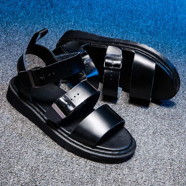 

buckle toe leather thick black white sandals women's bottom men and women